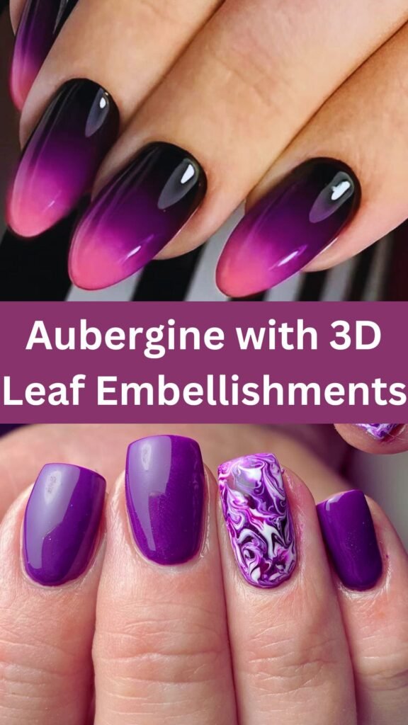 aubergine-with-3d-leaf-embellishments-dark-fall-nails-nailstrends.com