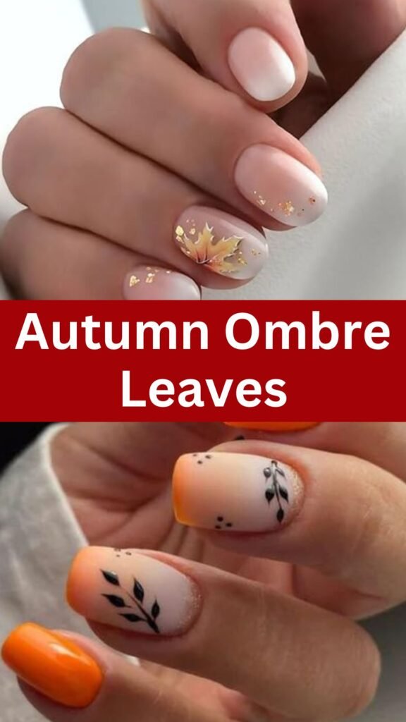 autumn-ombre-leaves-fall-short-nails-nailstrends.com