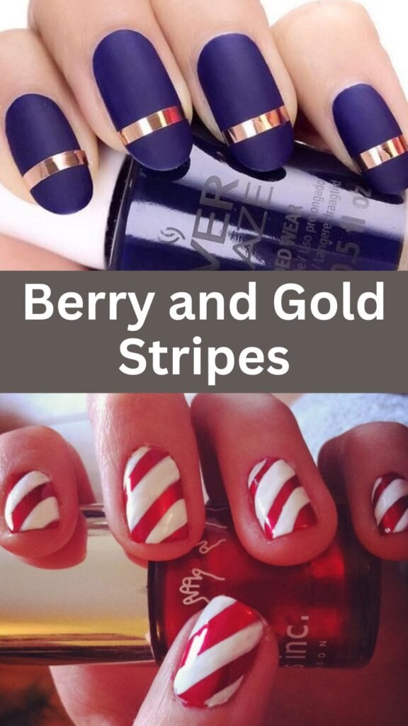 berry-and-gold-stripes-fall-short-nails-nailstrends.com