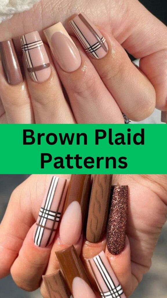 brown-plaid-patterns-fall-brown-nail-nailstrends.com