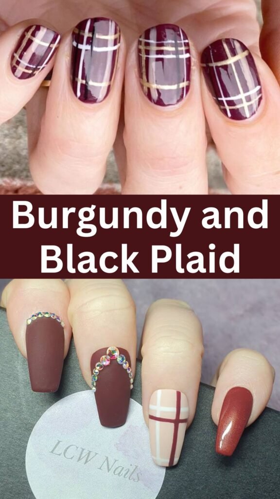 burgundy-and-black-plaid-fall-nails-nailstrends.com
