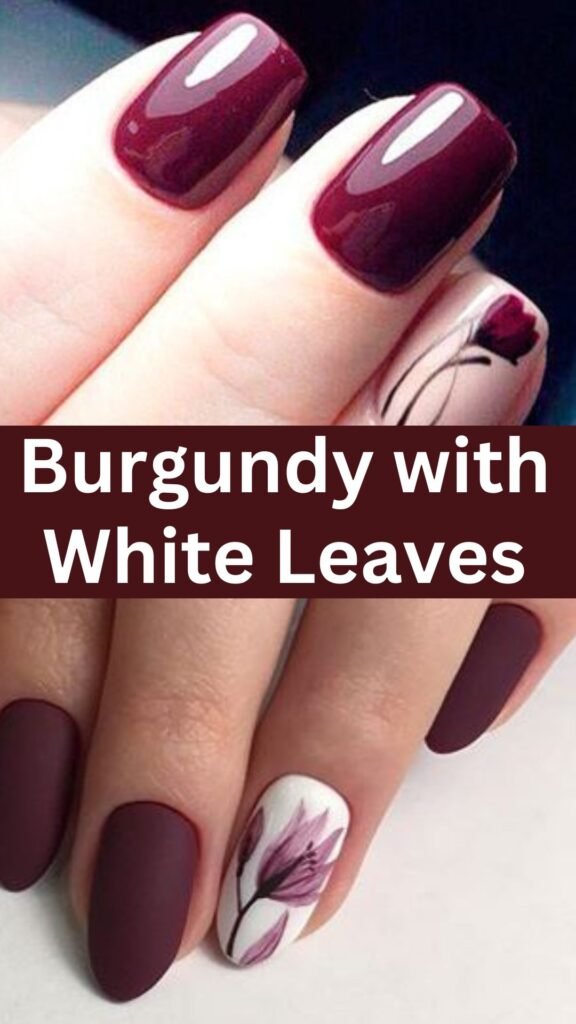 burgundy-with-white-leaves-fall-nails-nailstrends.com