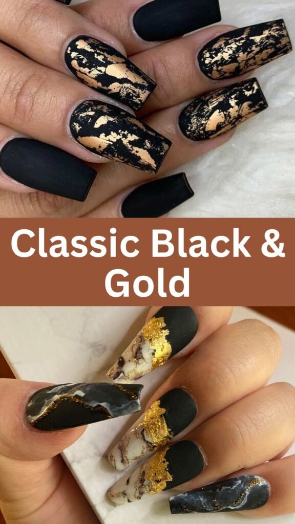 classic-black-and-gold-fall-marble-nail-designs-nailstrends.com