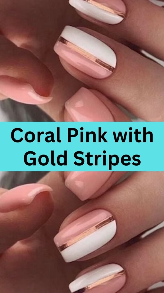 corral-pink-with-gold-stripes-simple-pink-nail-design-nailstrends.com