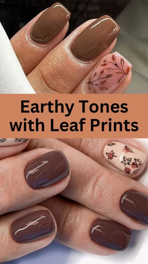 earthy-tones-with-leaf-prints-fall-brown-nail-nailstrends.com