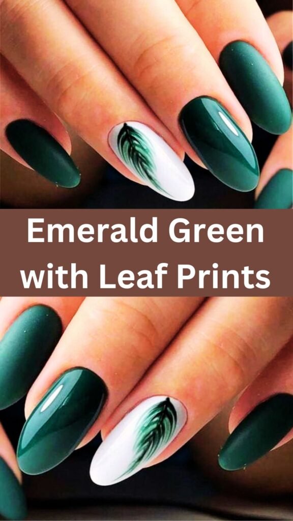 emerald-green-with-leaf-prints-dark-fall-nails-nailstrends.com