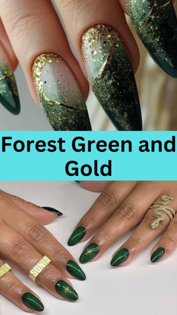 forest-green-and-gold-nature-inspired-nail-nailstrends.com