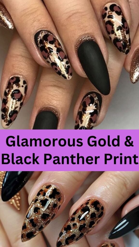 glamorous-gold-and-black-panther-print-animal-print-nail-art-nailstrends.com