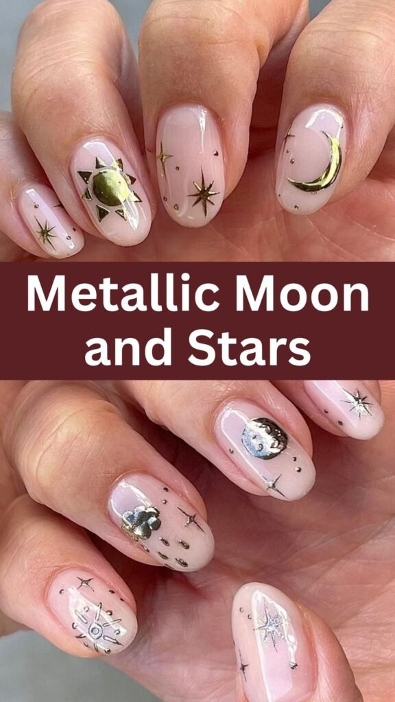 metallic-moon-and-stars-metallic-accented-fall-nails-nailstrends.com