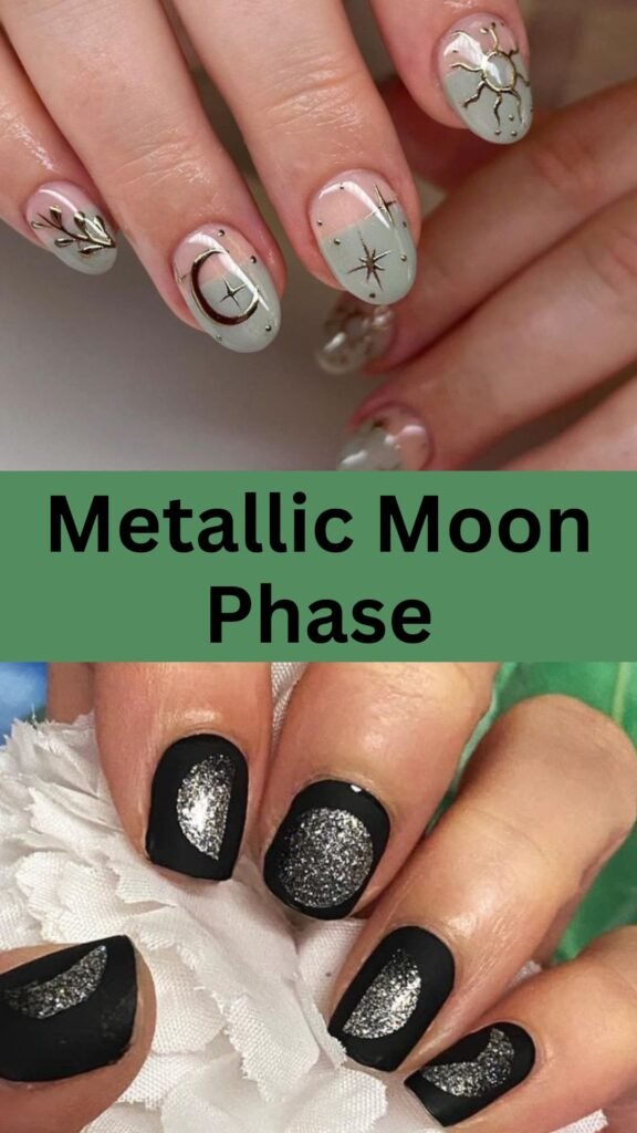 metallic-moon-phase-metallic-accented-fall-nails-nailstrends.com