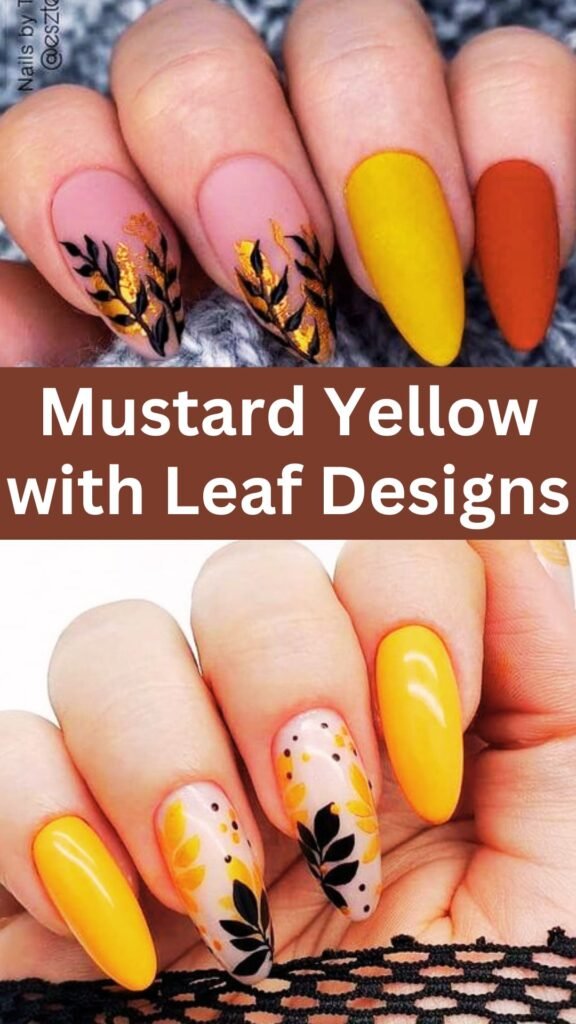 mustard-yellow-with-leaf-designs-fall-nail-nailstrends.com