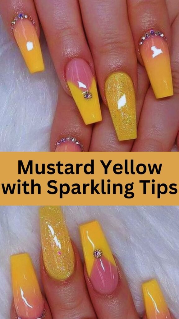 mustard-yellow-with-sparkling-tips-fall-nail-nailstrends.com