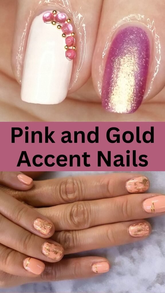 pink-and-gold-accent-nails-simple-pink-nail-design-nailstrends.com