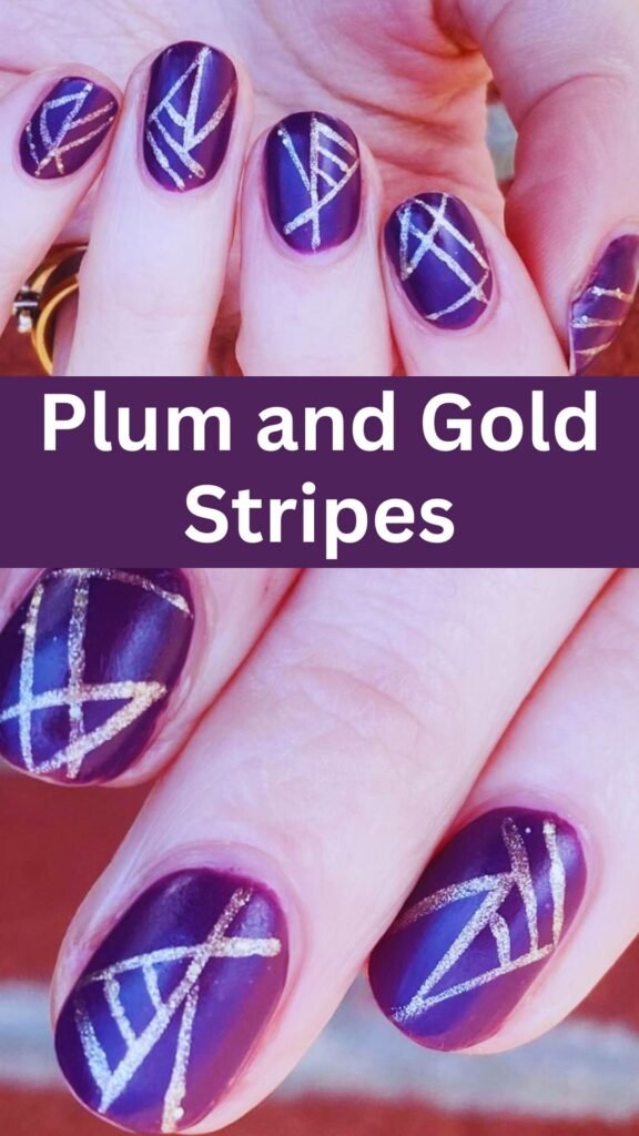 plum-and-gold-stripes-matte-fall-nail-nailstrends.com