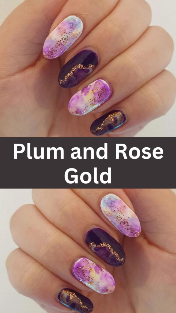 plum-and-rose-gold-fall-marble-nail-designs-nailstrends.com