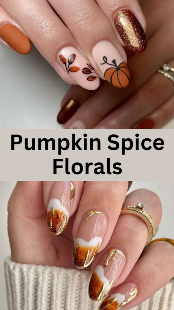 pumpkin-spice-florals-flower-nail-ideas-for-fall-nailstrends.com