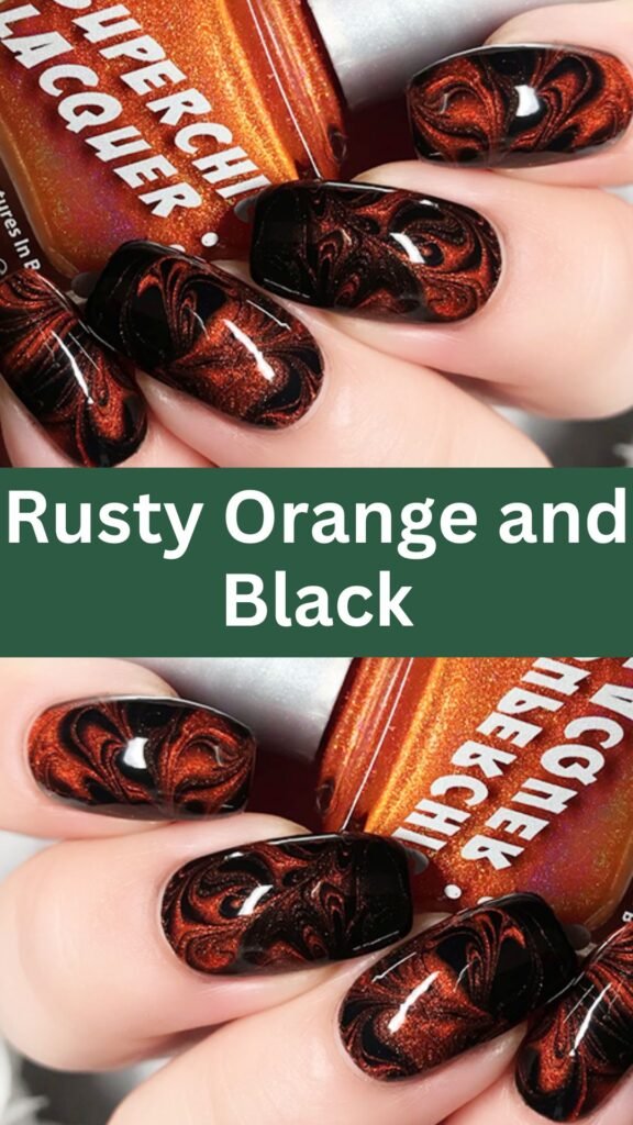 rusty-orange-and-black-fall-marble-nail-designs-nailstrends.com