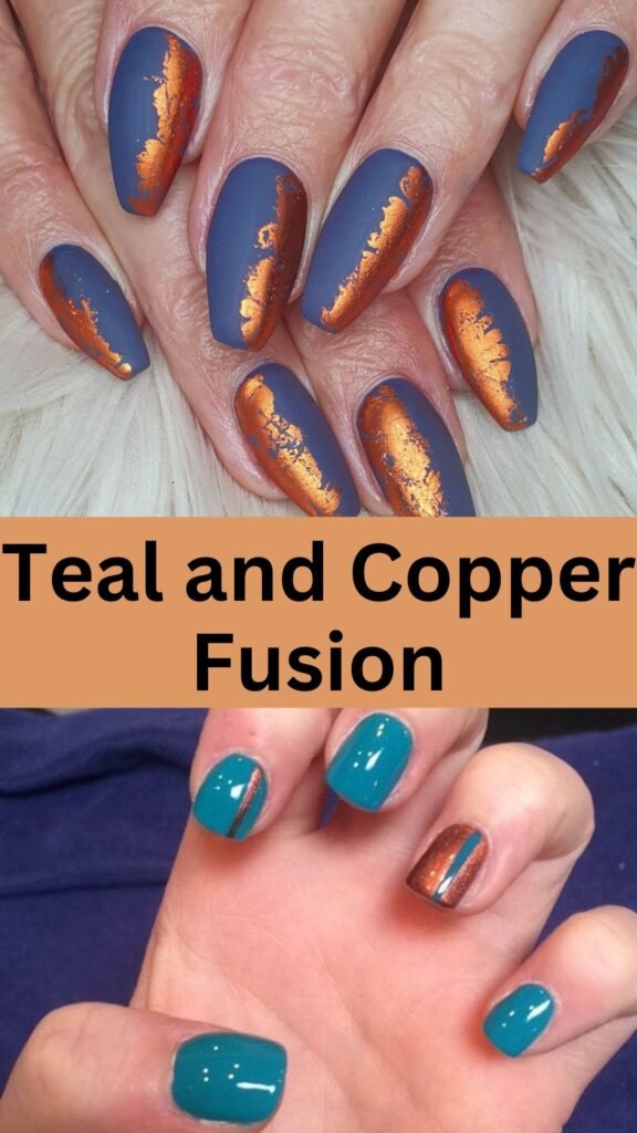 teal-and-copper-fusion-fall-blue-nails-nailstrends.com