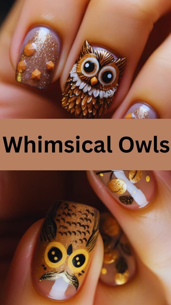 whimsical-owls-Stamping-Technique-Fall-Nails-nailstrends.com