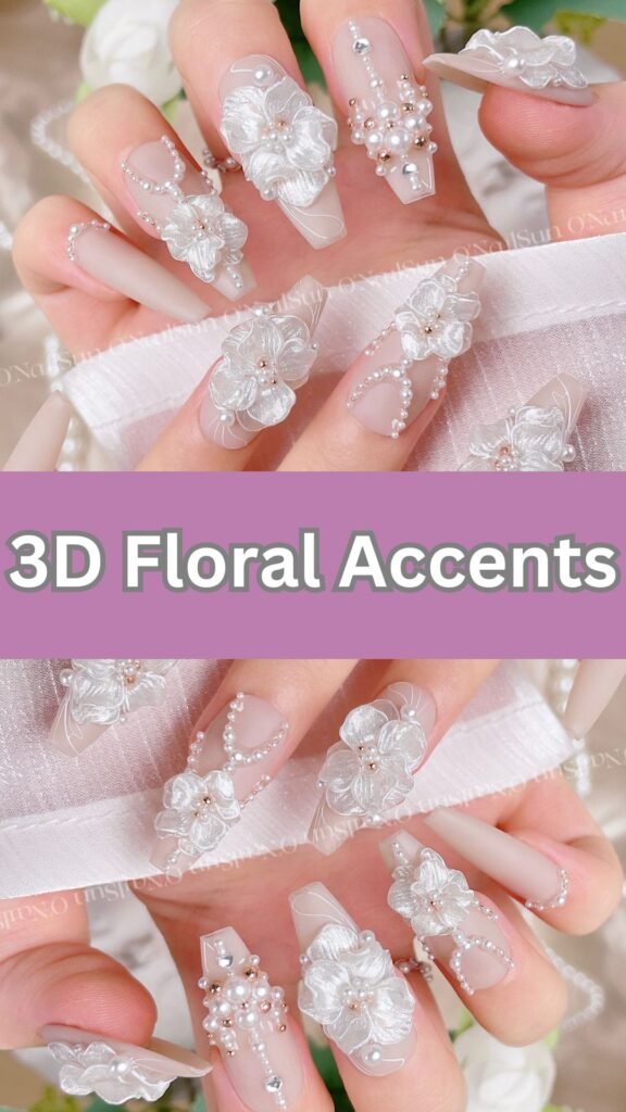 3d-floral-accents-Trendy-Nail-Art-Ideas-for-Wedding-Party-nailstrends.com