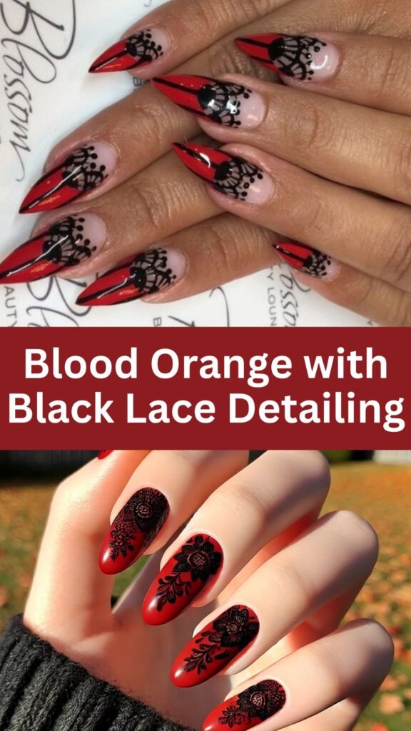 blood-orange-with-black-lace-detailing-Goth-Nail-Ideas-That-Are-Better-Than-Just-Black-nailstrends.com