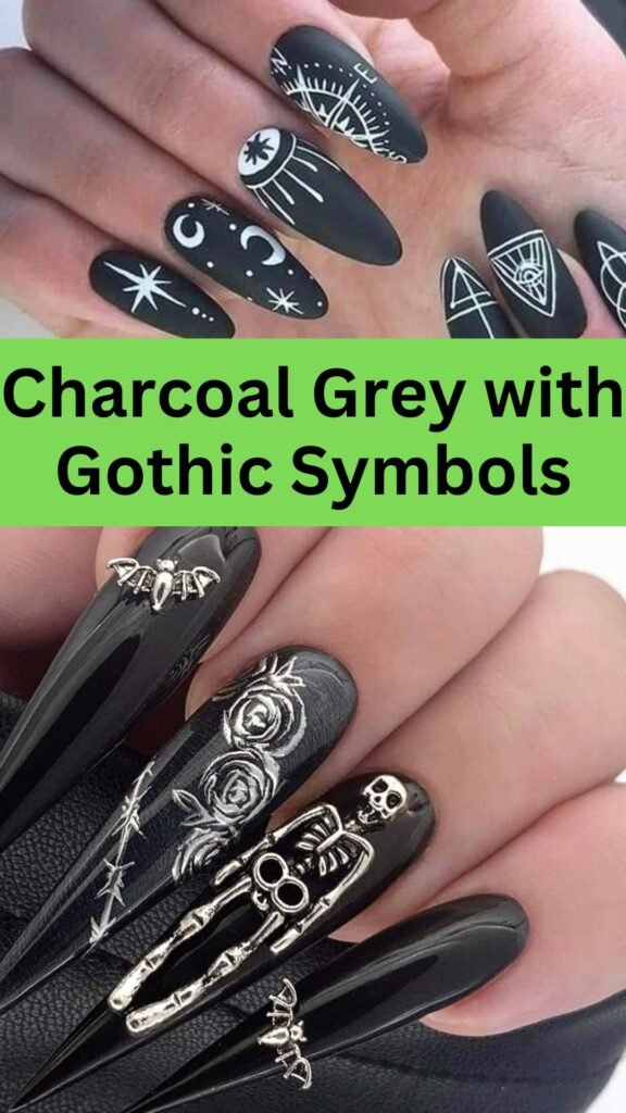 charcoal-grey-with-gothic-symbols-Goth-Nail-Ideas-That-Are-Better-Than-Just-Black-nailstrends.com