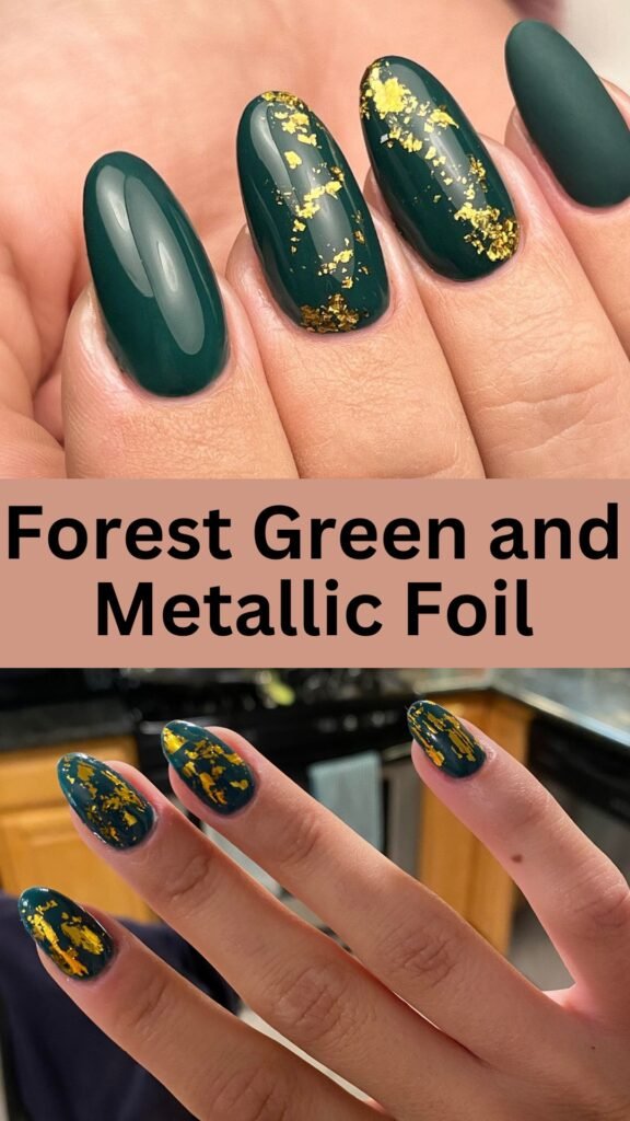 forest-green-and-metallic-foil-Stunning-Forest-Green-Nail-Designs-To-Try-Out-nailstrends.com