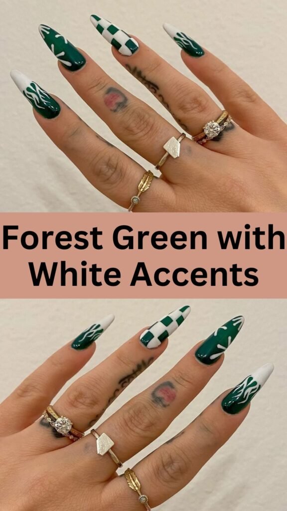 forest-green-with-white-accents-Stunning-Forest-Green-Nail-Designs-To-Try-Out-nailstrends.com