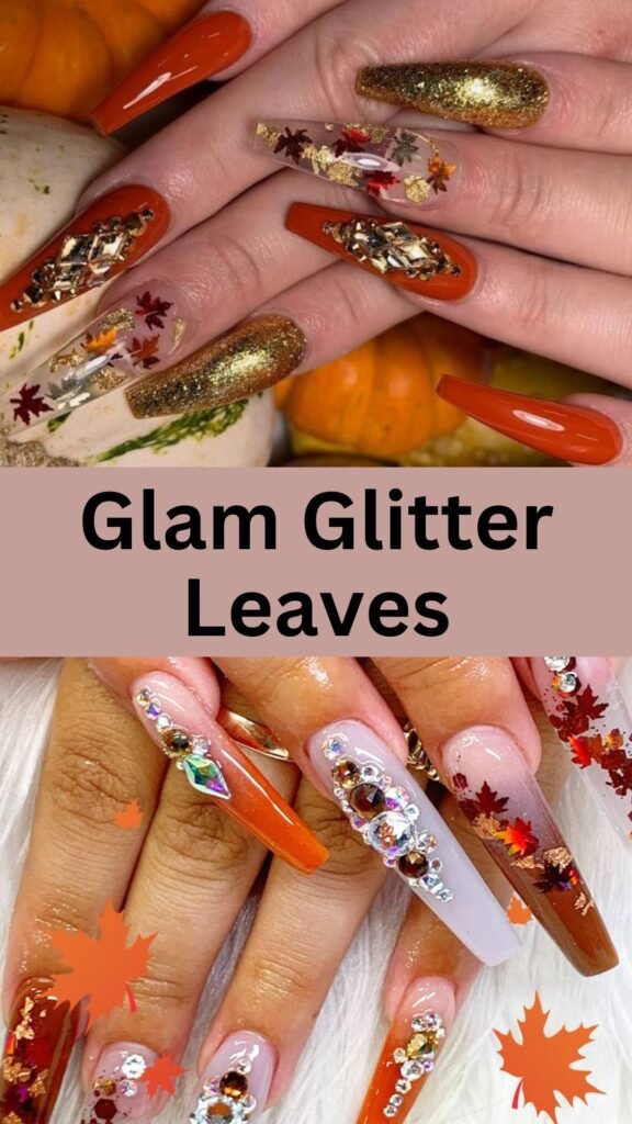 glam-glitter-leaves-fall-coffin-nail-art-designs-nailstrends.com