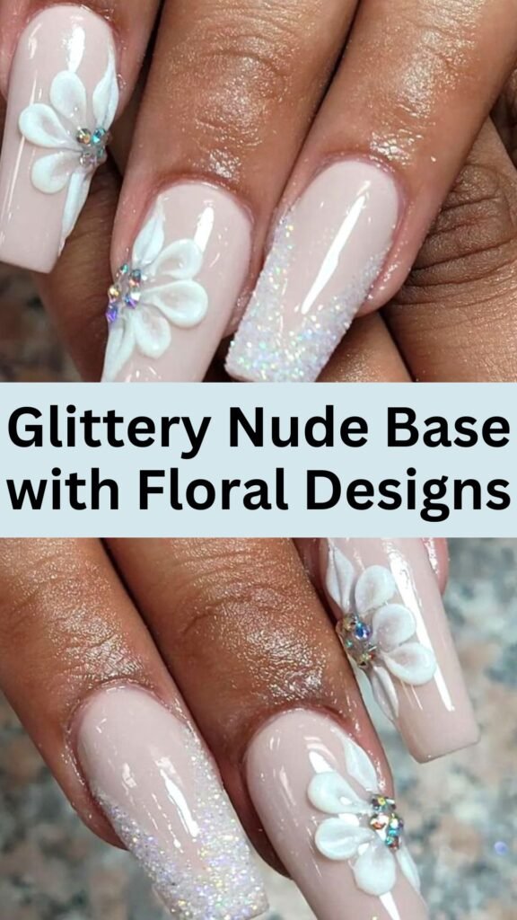 glittery-nude-base-with-floral-designs-bridal-nail-with-glitter-nailstrends.com