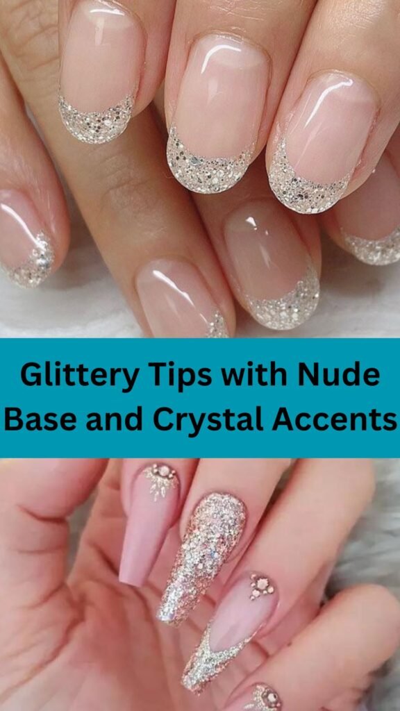 glittery-tips-with-nude-base-and-crystal-accents-bridal-nail-with-glitter-nailstrends.com