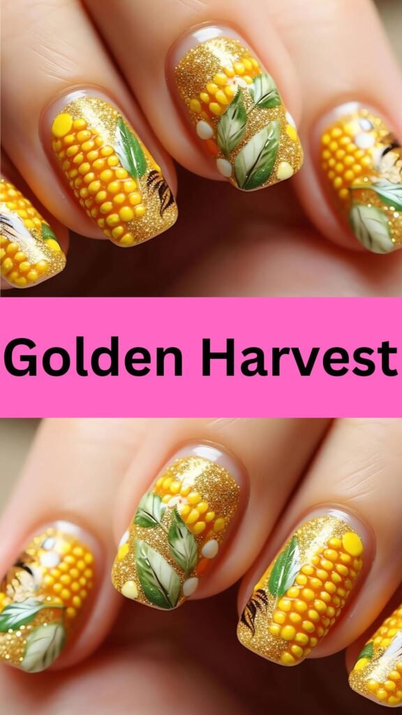 golden-harvest-fall-coffin-nail-art-designs-nailstrends.com