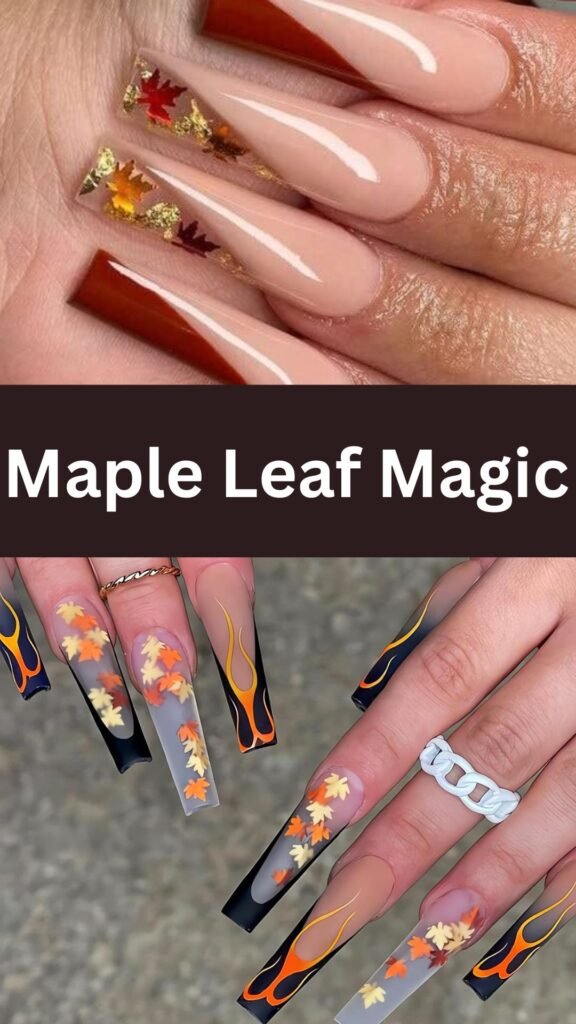 maple-leaf-magic-fall-coffin-nail-art-designs-nailstrends.com