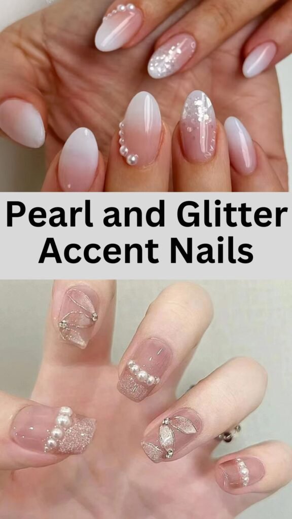 pearl-and-glitter-accent-nails-bridal-nail-with-glitter-nailstrends.com