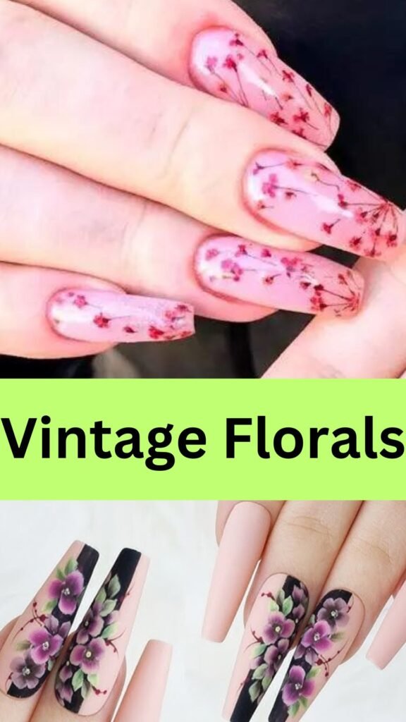 vintage-florals-fall-coffin-nail-art-designs-nailstrends.com